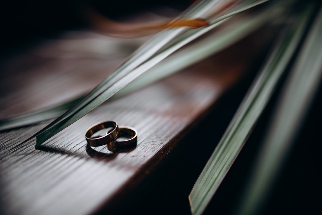 Viking wedding rings displayed on a table