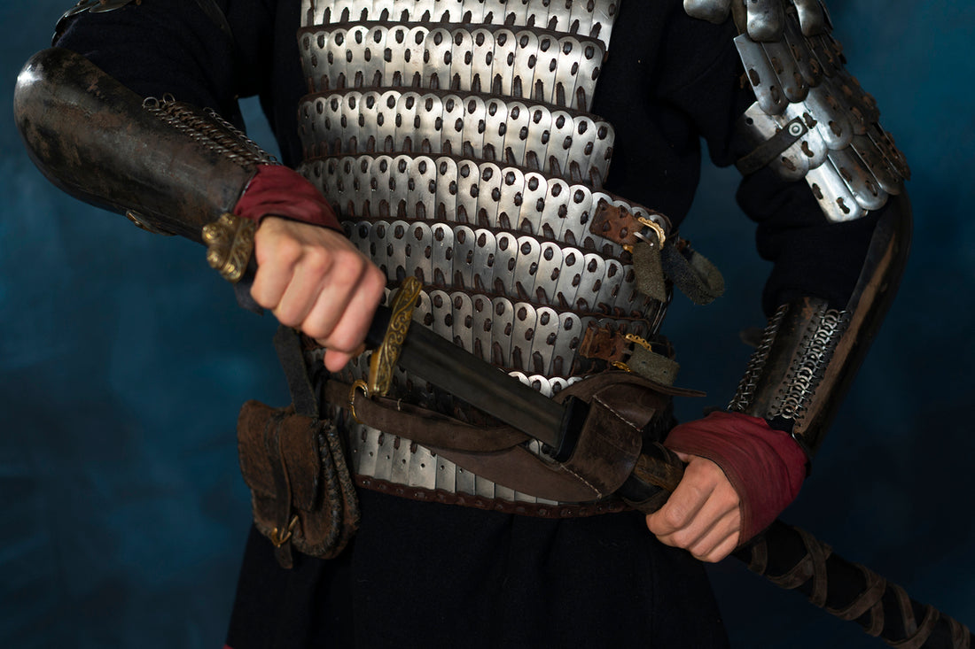 Close-up view of a Viking costume