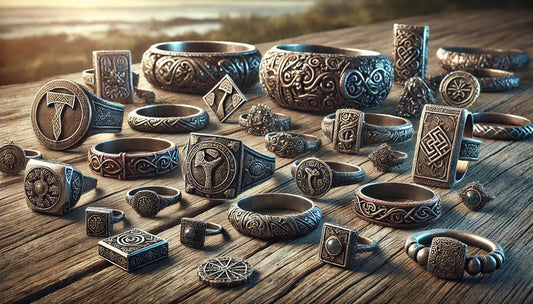 Various Viking jewelry pieces on the table.