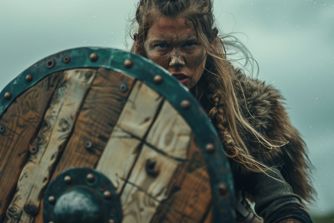 A woman warrior using her Viking shield