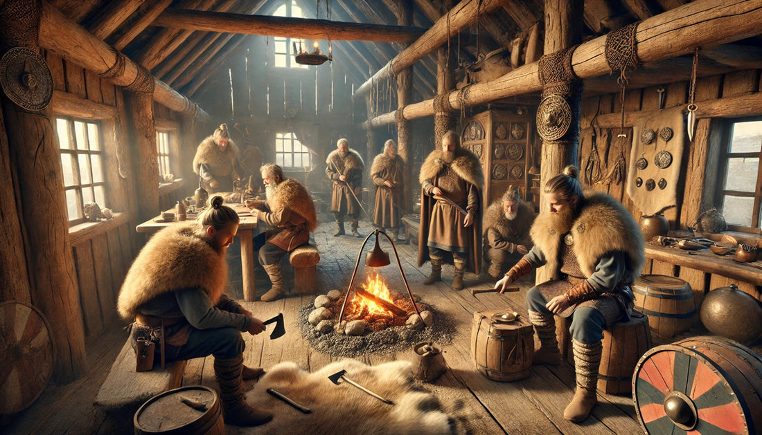 Vikings in Viking clothing resting inside a house