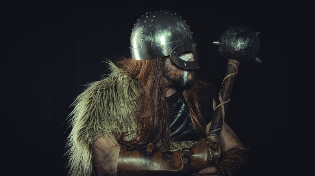 An armored viking holding a mace