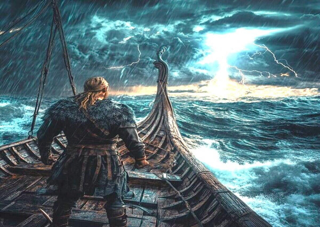 Viking men braving the storm