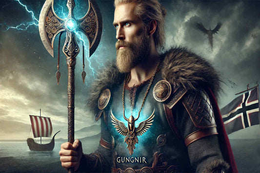 the image of a powerful Norse warrior wearing an Odin’s Spear necklace