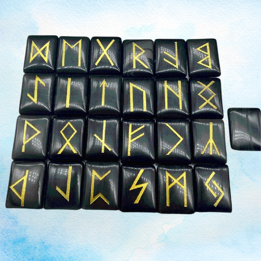 25 stk/sett Natural Black Crystal Runes Stones Viking Divination Rune