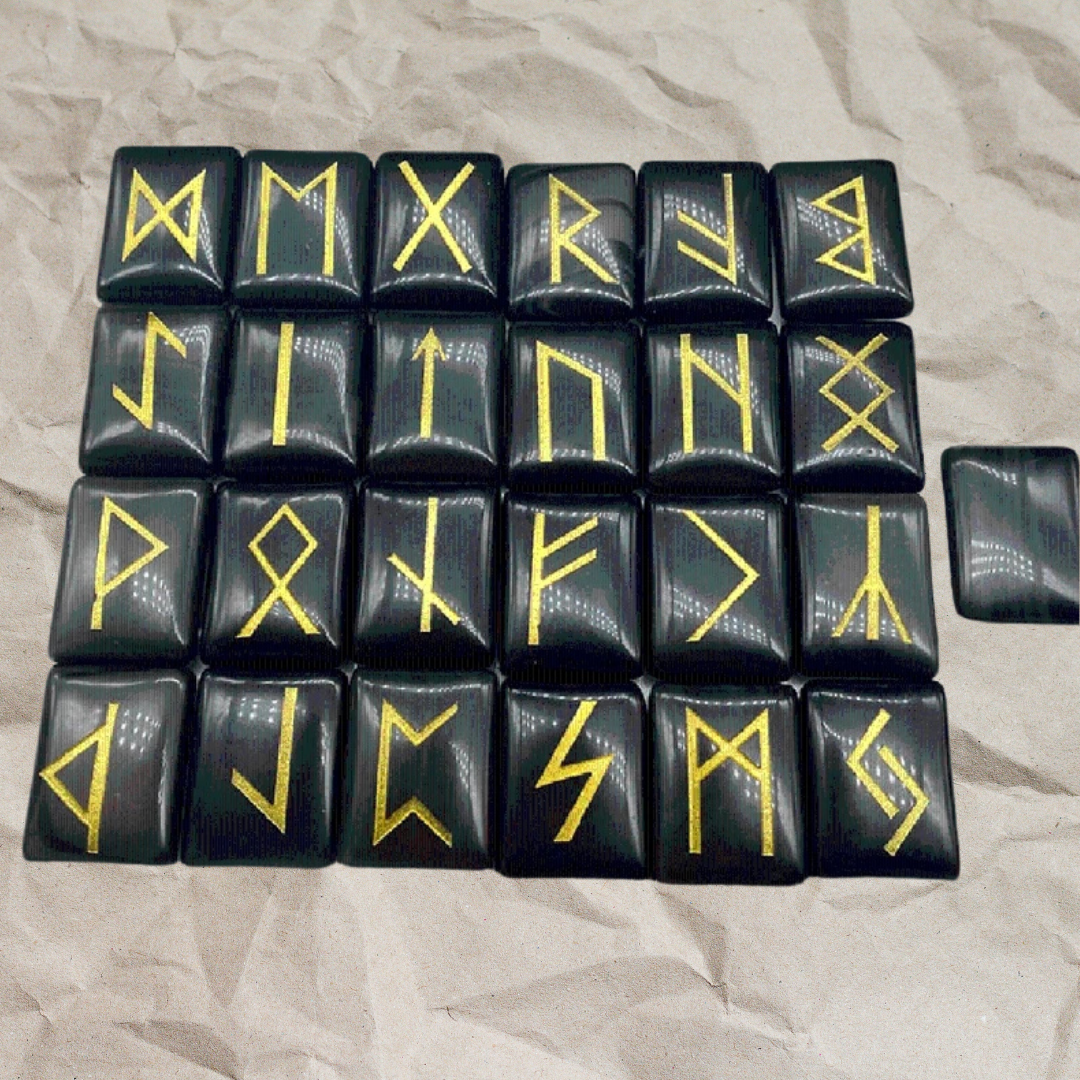 25 stk/sett Natural Black Crystal Runes Stones Viking Divination Rune