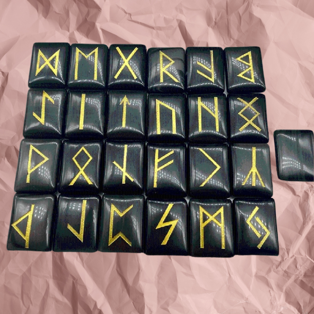 25 stk/sett Natural Black Crystal Runes Stones Viking Divination Rune