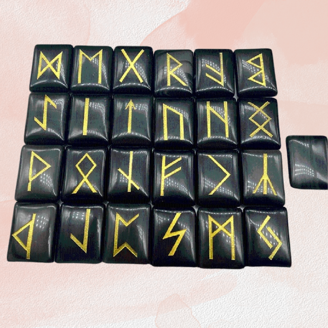 25 stk/sett Natural Black Crystal Runes Stones Viking Divination Rune