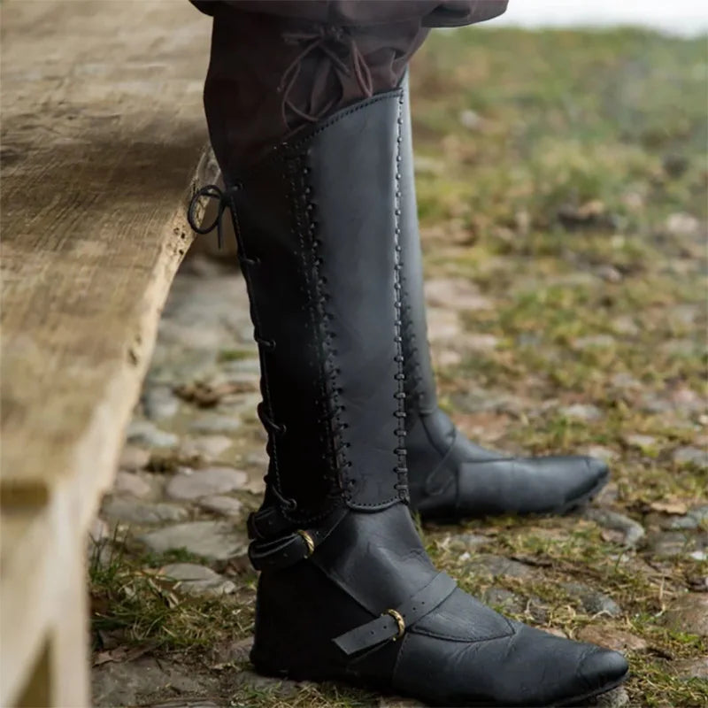 Steampunk Leathar Shin Guard Gaiter Bróg Clúdach Tosaithe Knight Pirate Costume Lochlannach Armor