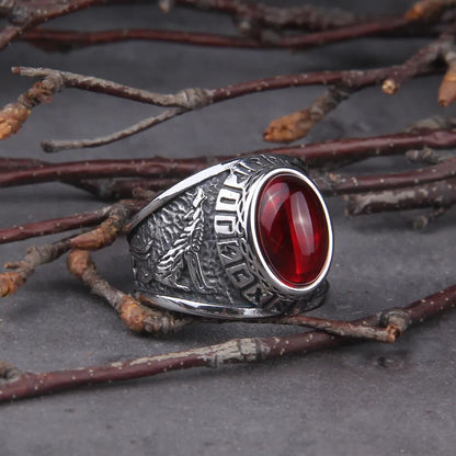 Raven and Wolf Red Stone Ring - TripleViking