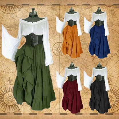 Women Court Retro korsetti Maxi Levenevät hihat Vintage Vestido Viking Dress