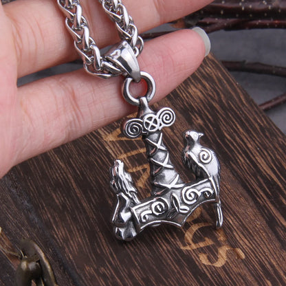 Roestvrij stalen raaf en wolf Viking Mjolnir ketting