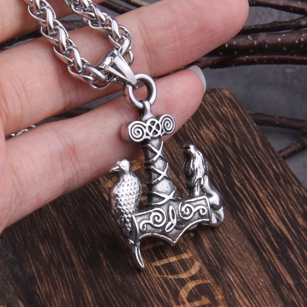 Stainless Steel Raven and Wolf Viking Mjolnir Necklace