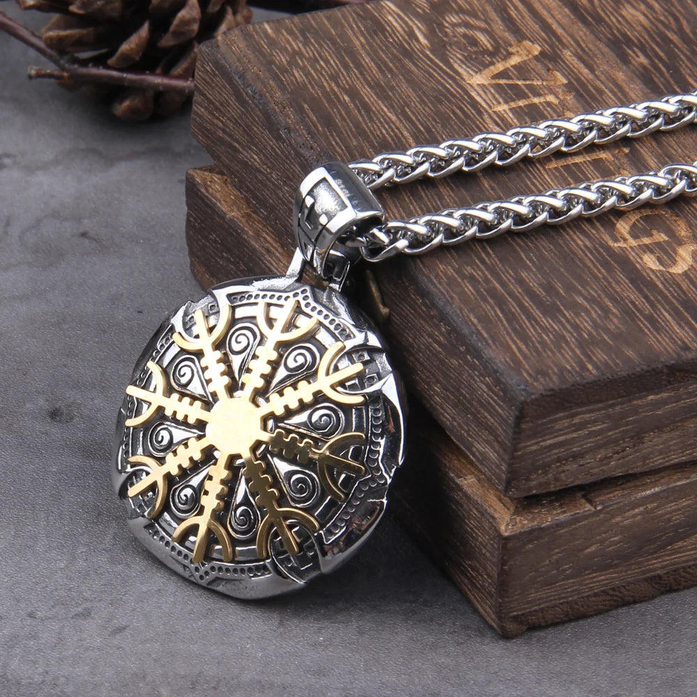 Roostevabast terasest Vegvisir Norse Mix Gold Color Rune Viking kaelakee