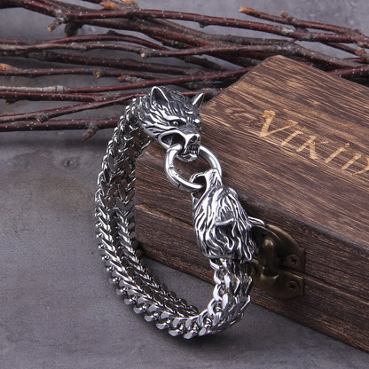 Dubbelt Wolf Head Charm Viking Armband