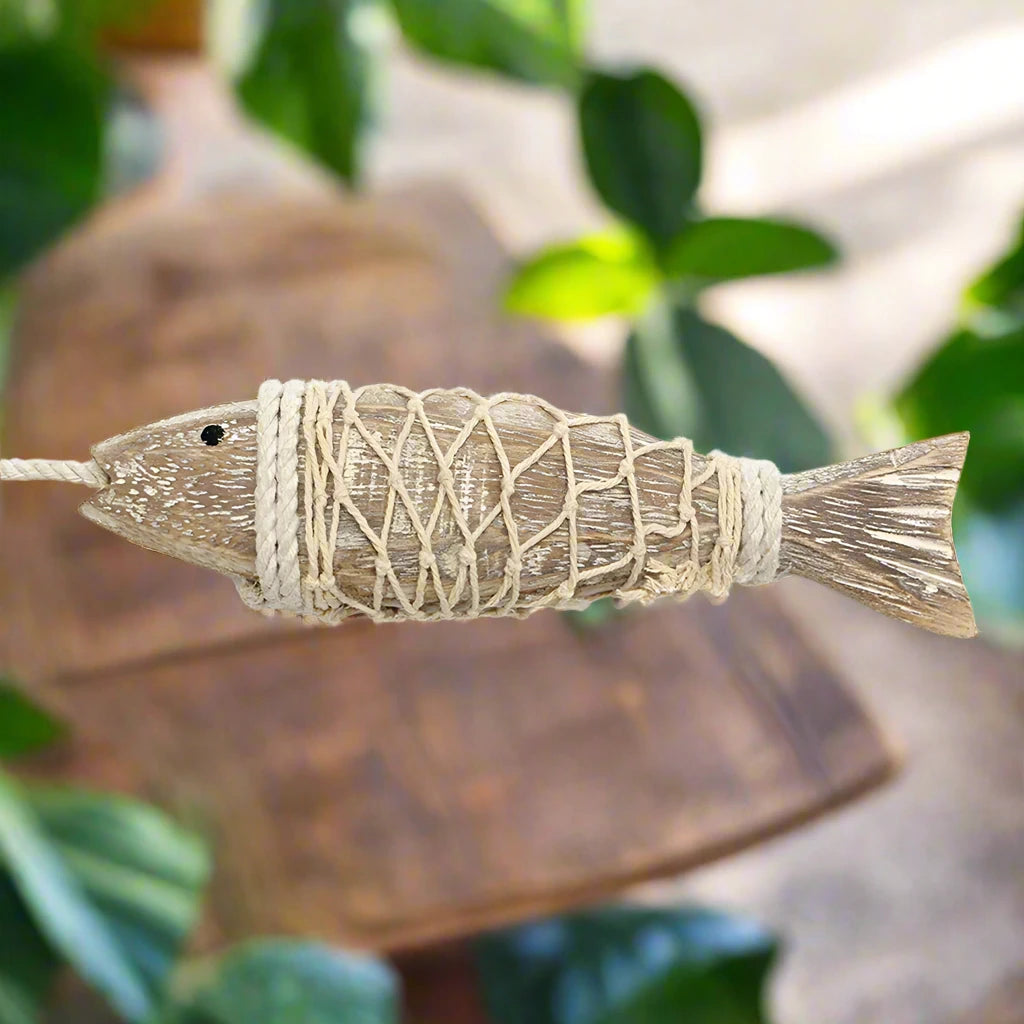 Hanging wooden fish pair for coastal-inspired viking decor