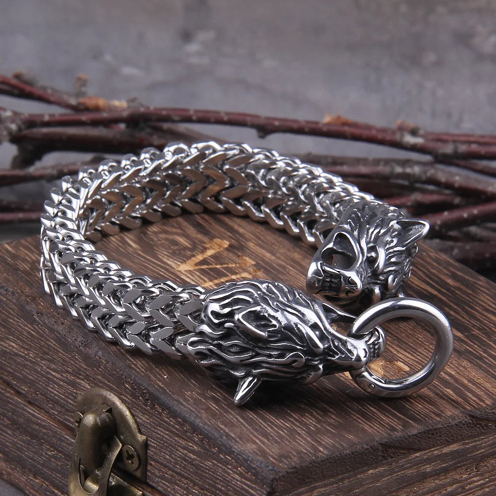 Duoble Wolf Head Charm Viking Bracelet
