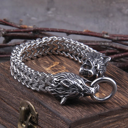 Dubbelt Wolf Head Charm Viking Armband