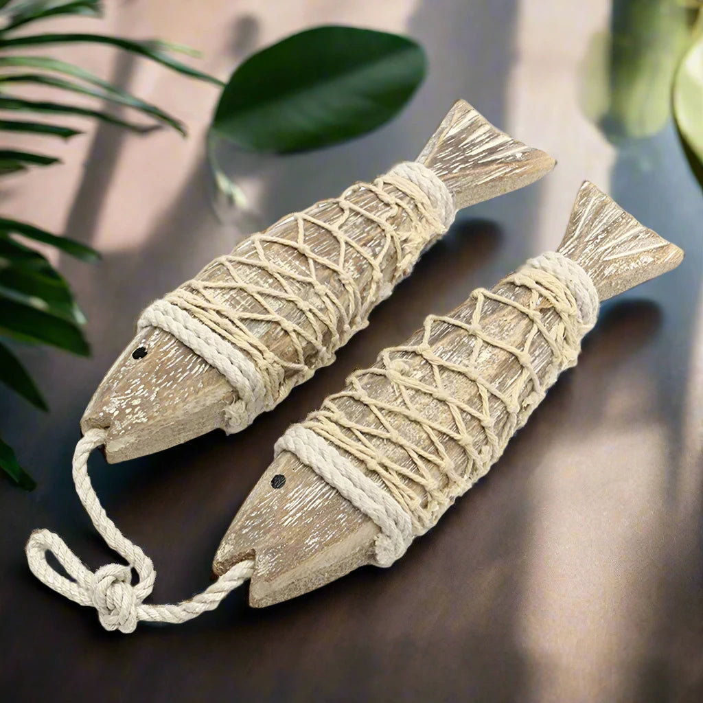 Handcrafted wooden fish pair, ideal for viking home decor themes