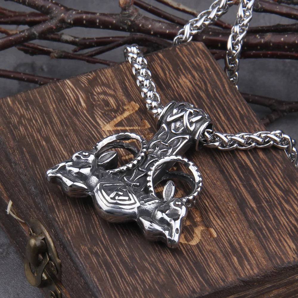 Odin Goat Thor Hammer With Rune Viking Necklace