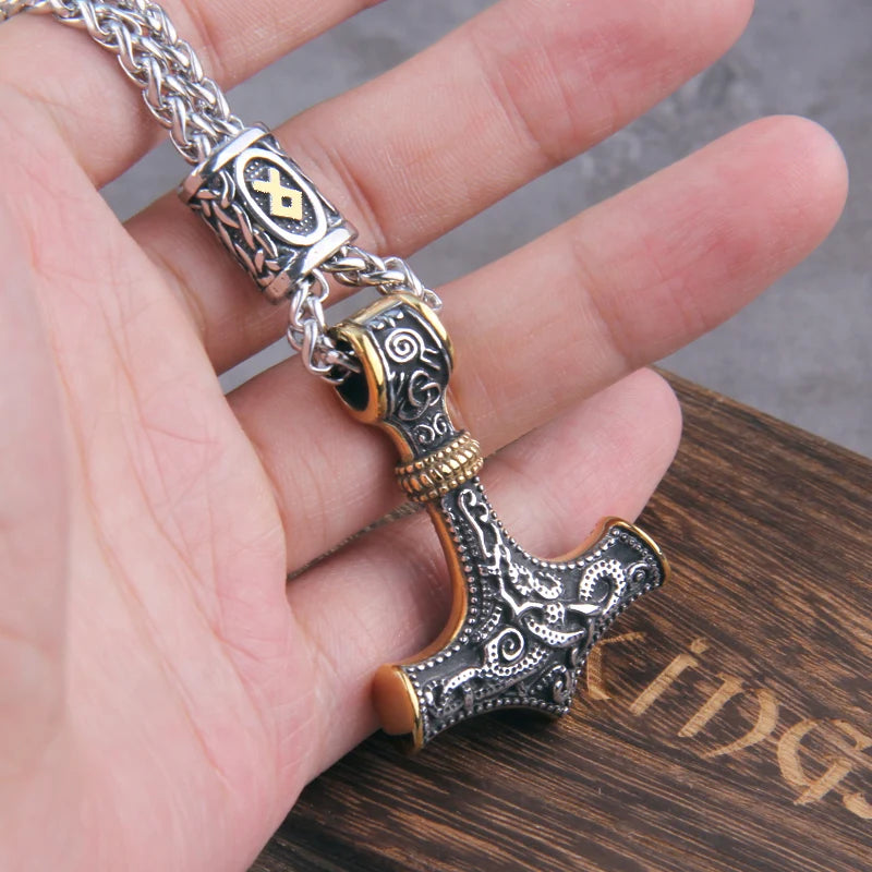 Viking Scandinavian Rune Amulet Mjolnir Necklace