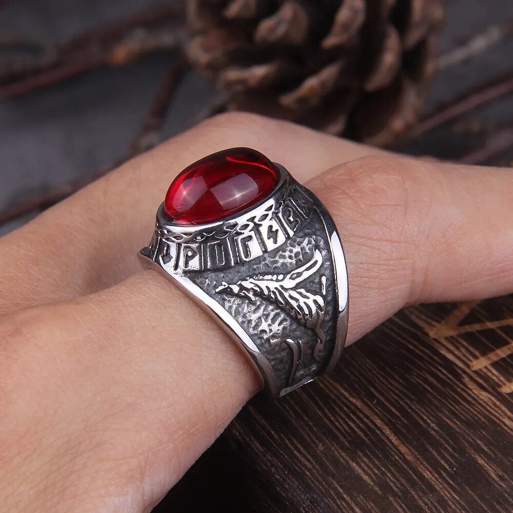 Raven and Wolf Red Stone Ring - TripleViking