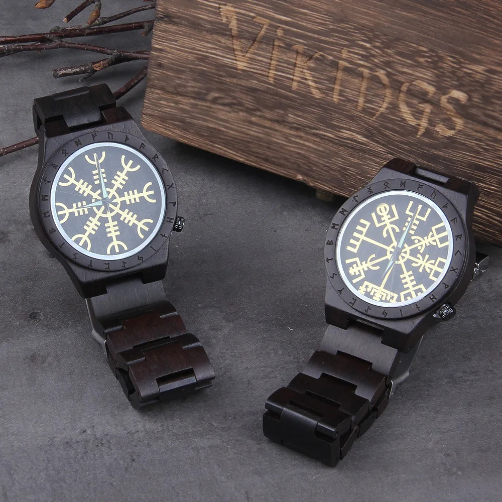 Handmade Wooden Runic Circle Quartz Viking Watch
