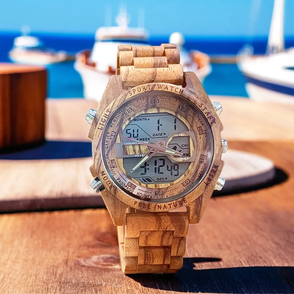 Montre numérique à quartz en bois LED avec alarme naturalisme et sport Viking