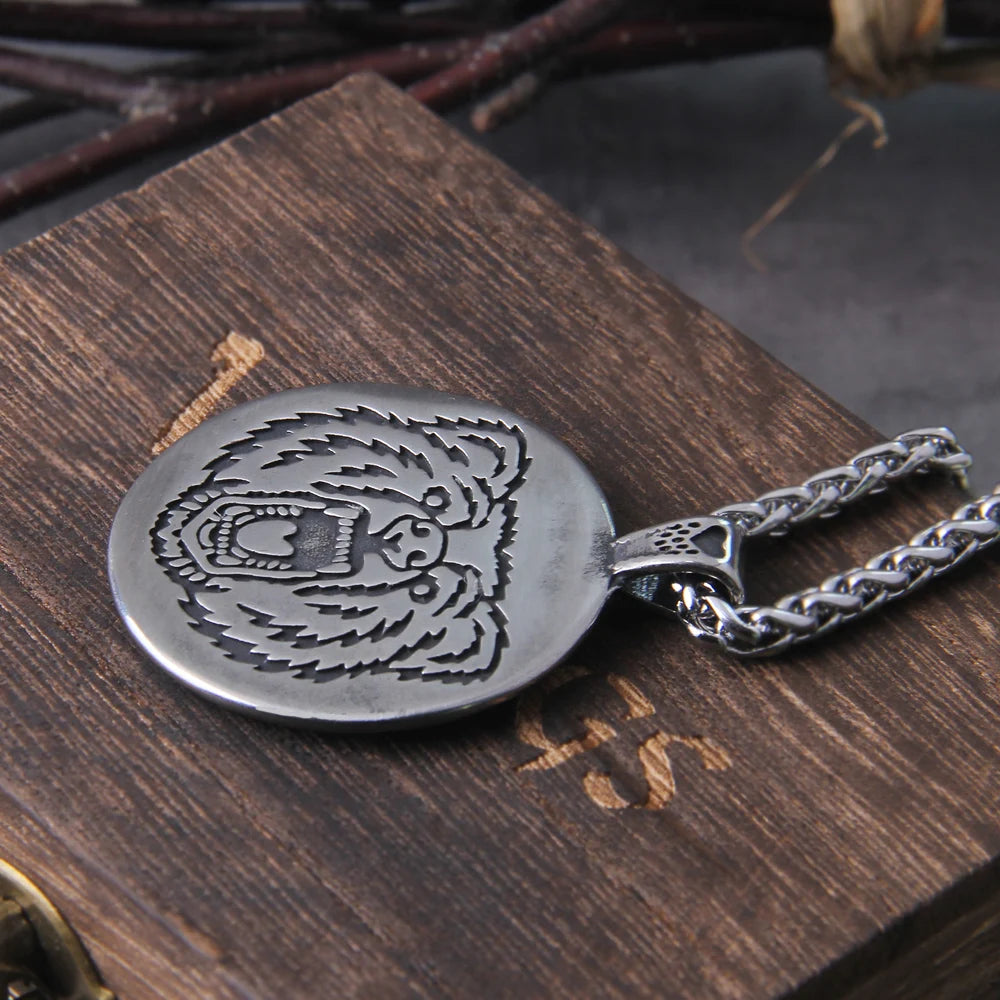 Never Fade Vintage Ryðfrítt stál Norse Bear Paw And Head Animal Pendant Viking Hálsmen