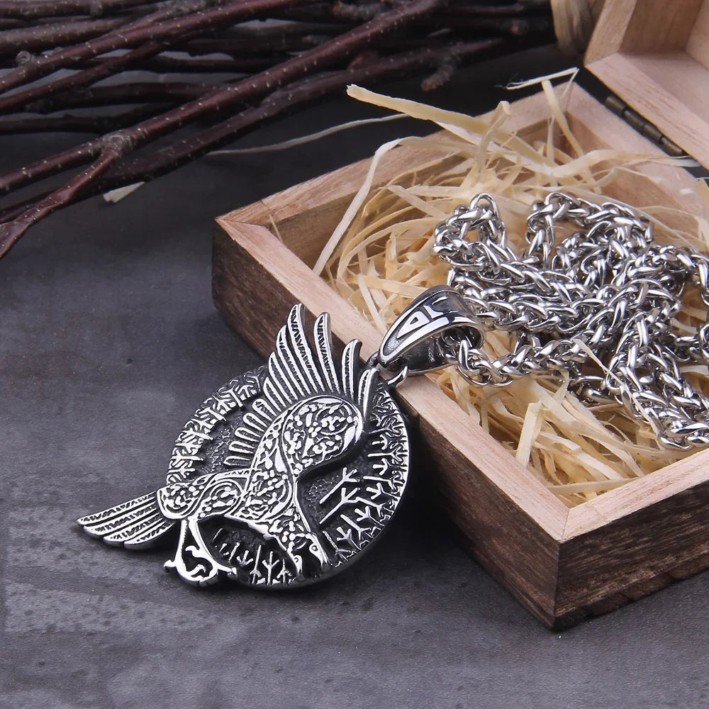 Norse Odin Symbol Viking Raven Amulet Runes Algiz Protection Wicca Talisman Crow Pendant Viking Necklace