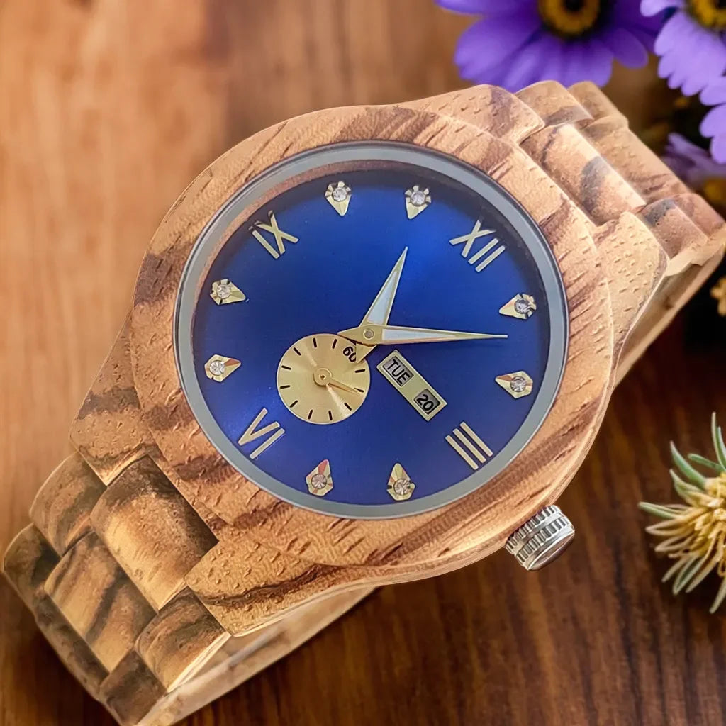 Montre Viking en bois à Quartz pour femmes, horloge à diamant simulé, élégante et simple