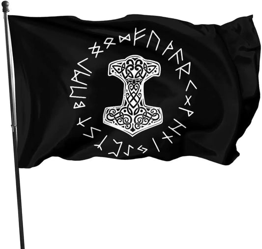 Vikings Mjolnir Rune Wheel Norse Symbol Flag 3x5 Outdoor Garden Flags Indoor Banners Flags With Grommets