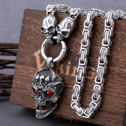 Pendentif crâne œil rouge en acier inoxydable, avec chaîne carrée, collier Viking