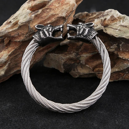 Double Wolf Head Cable Bracelet - TripleViking