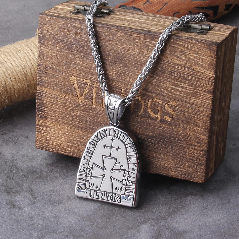 Collier Viking avec pendentif en forme de croix et de stèle en acier inoxydable, argent ne se décolore jamais