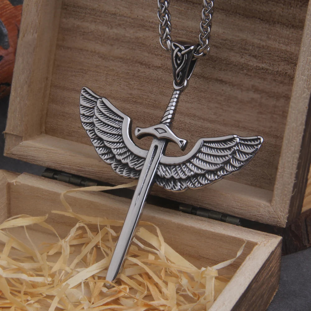 Stainless Steel Angel Wings Pendant Viking Necklace
