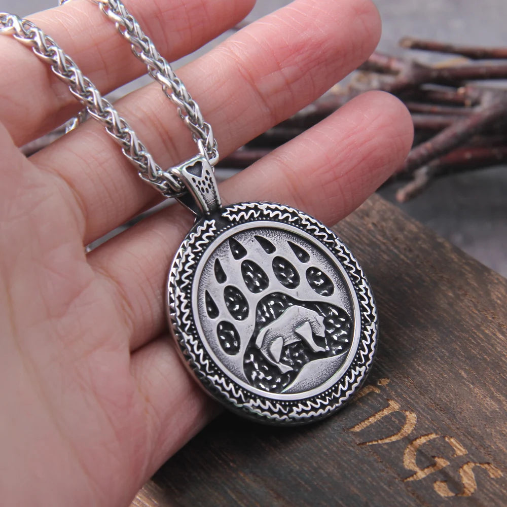 Never Fade Vintage Stainless Steel Norse Bear Paw And Head Animal Pendant Viking Necklace