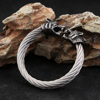 Double Wolf Head Cable Bracelet - TripleViking