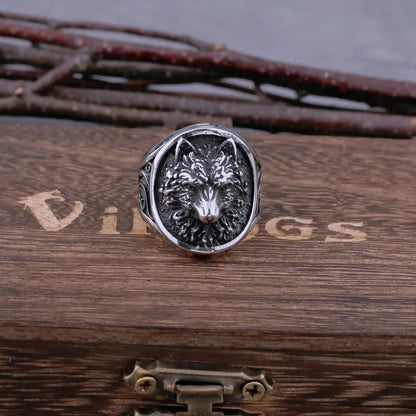 Bague tête de loup viking en acier inoxydable