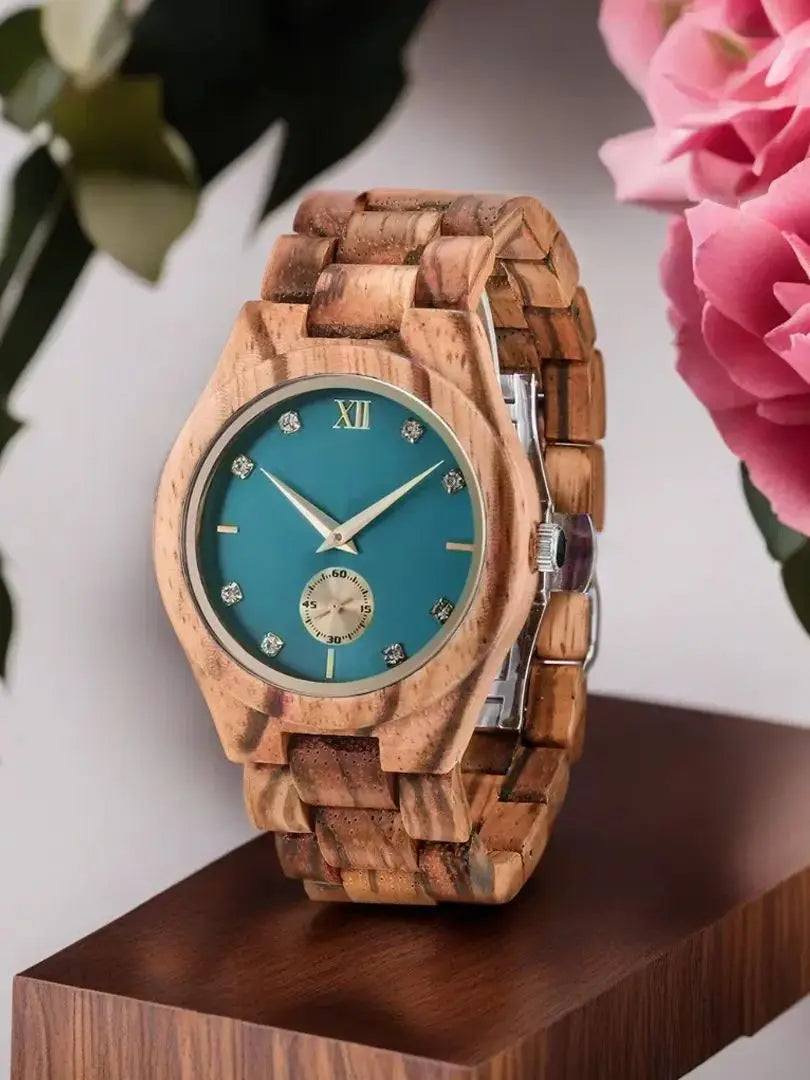 Reloj de madera con esfera de diamante simulado para mujer, reloj vikingo personalizado para aniversario de moda