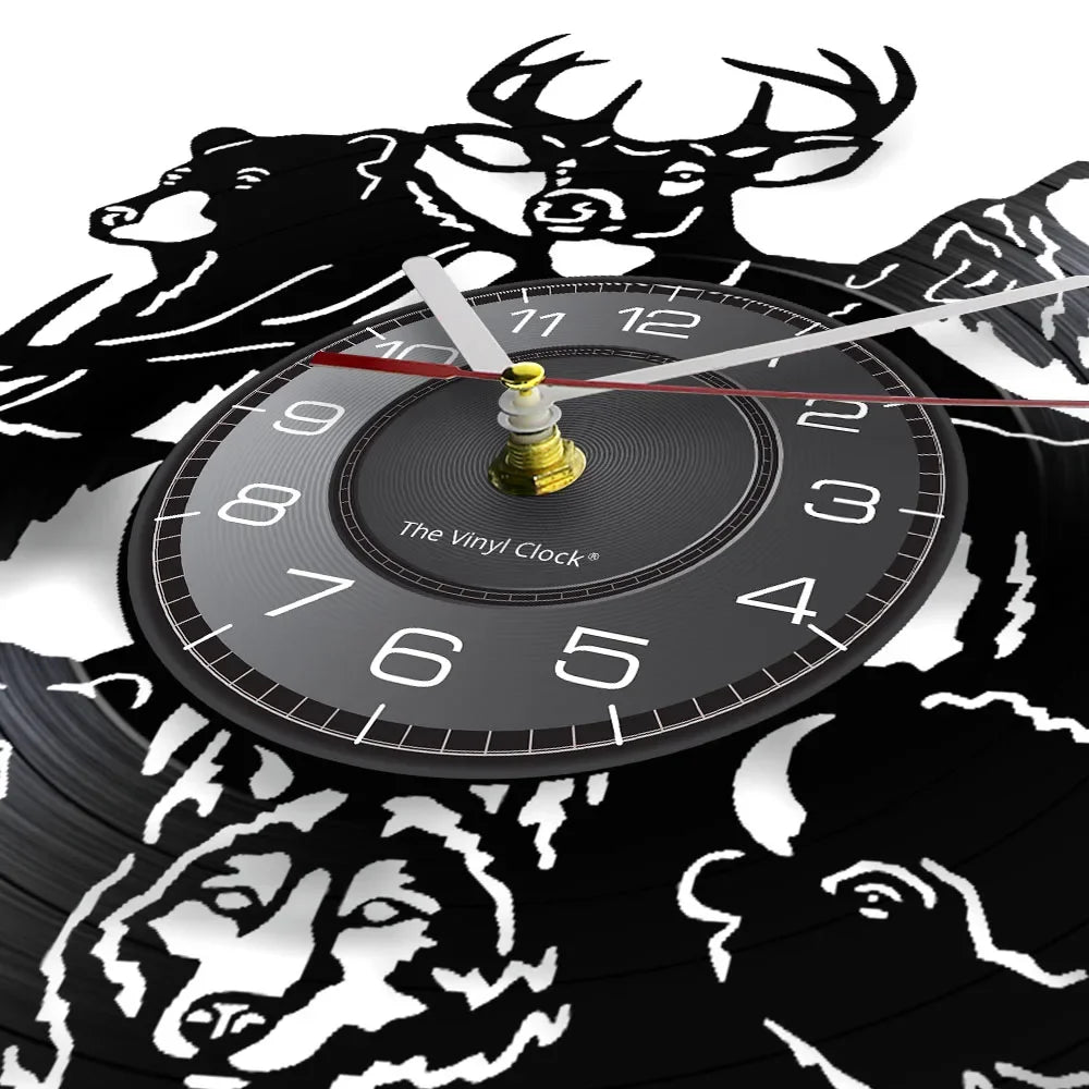 Reloj de pared con disco de vinilo vikingo, animal del bosque, ciervo, lobo, oso, buey