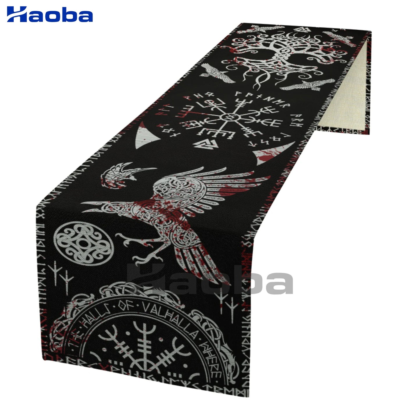 Black Viking Raven Tree of Life and Runes Table Runner