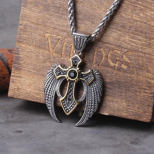 Gold Plated Cross And Silver Wings With Black Stone Pendant Viking Necklace