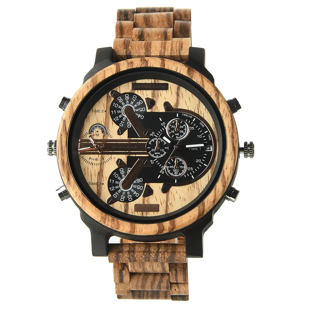 Relojes de pulsera de cuarzo de moda de madera grande con cara grande, vestido con correa, reloj doble, reloj vikingo de madera