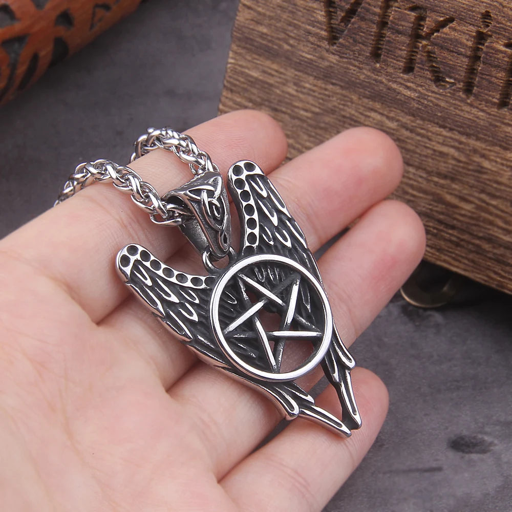 Pentacle Castiel Angel Wings Vintage starožitný stříbrný přívěsek Viking náhrdelník