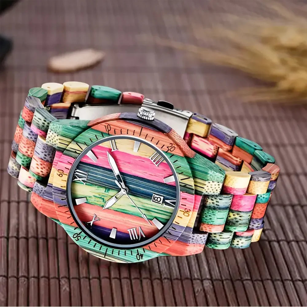 Kalender vierkante wijzerplaat kleurrijke bamboe natuurlijke armband houten Viking horloge