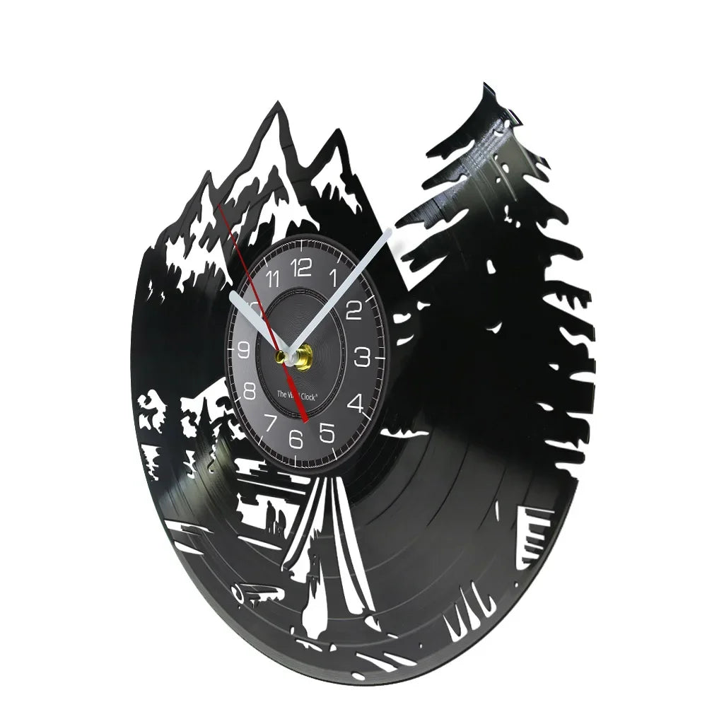 Viking Mountain Range Rest Time Camping Vinyl Record Wall Clock