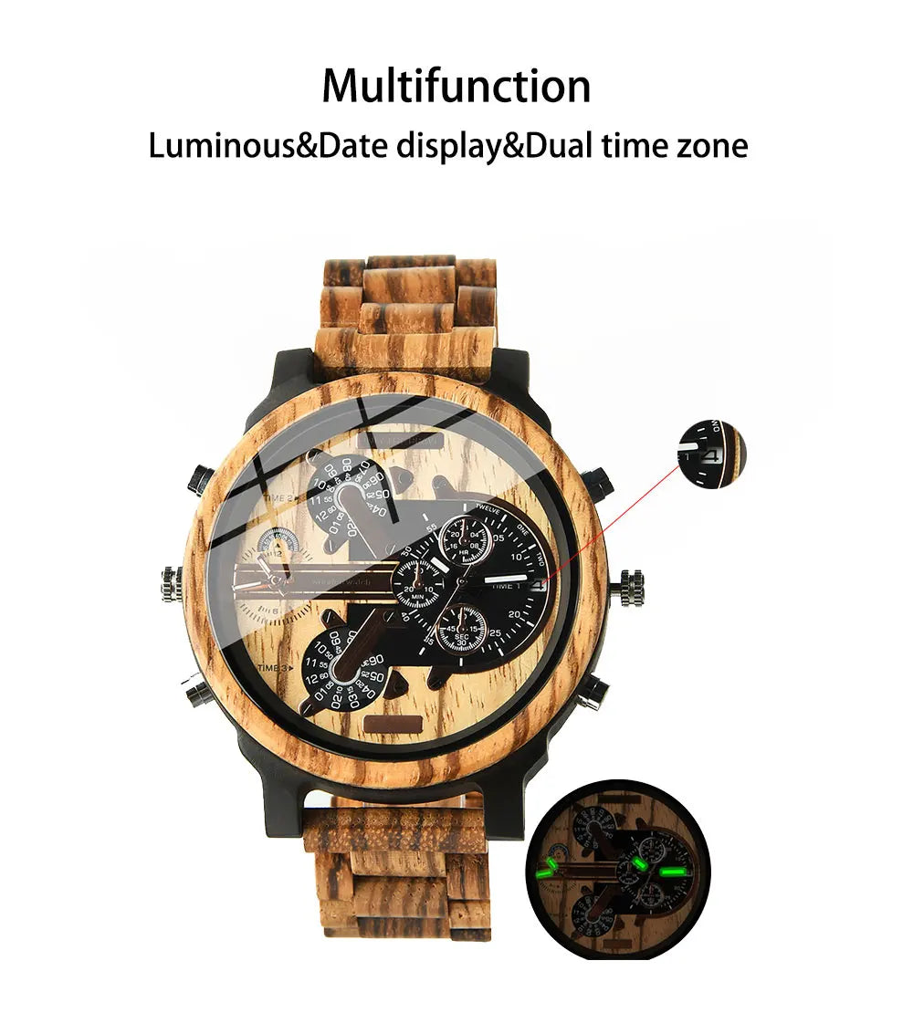 Stort ansikt Stort Tre Mote Kvarts Armbåndsur Strap Kjole Dual Clock Wooden Viking Watch