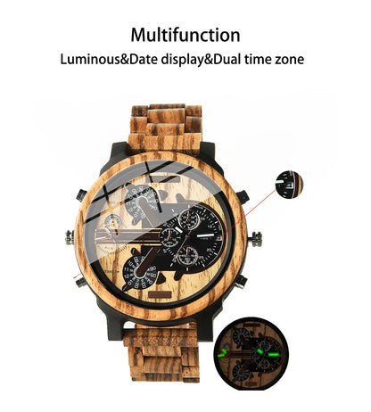 Big Face Large Wood Fashion Quartz náramkové hodinky Šaty s řemínkem Dual Clock Dřevěné vikingské hodinky