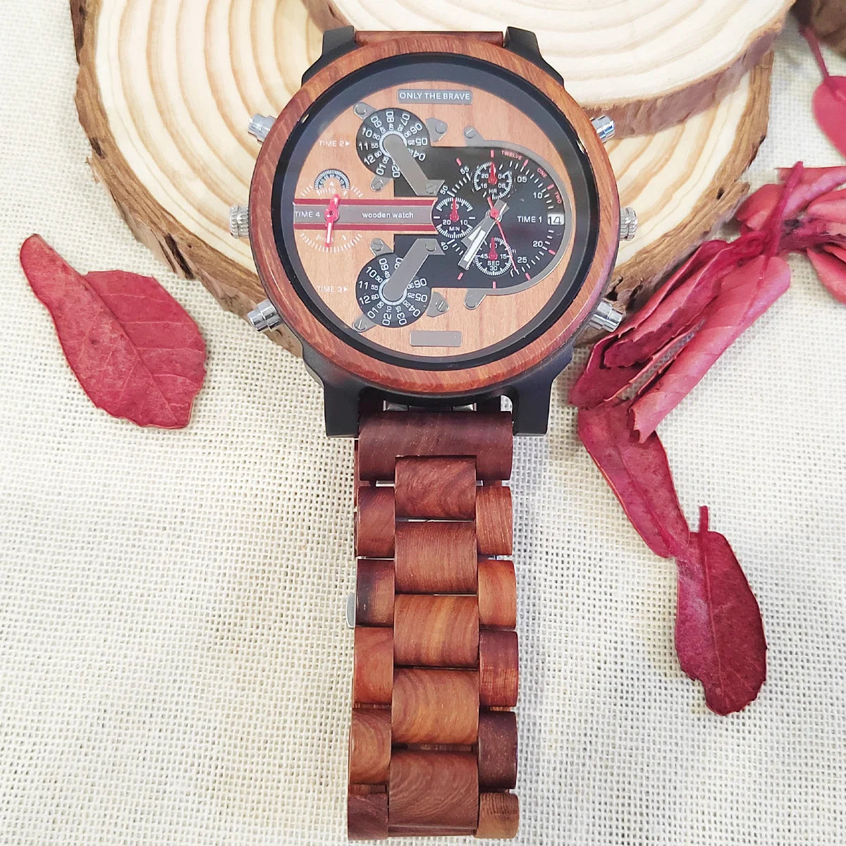 Fashion uurwerken chronograaf houten quartz pols Viking-horloge met grote wijzerplaat